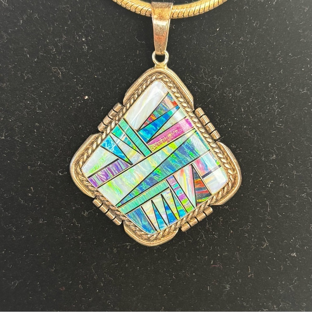 Navajo TS Sterling Silver Dichroic Glass Multicolor Pendant & Necklace Italy 925 - Picture 2 of 8